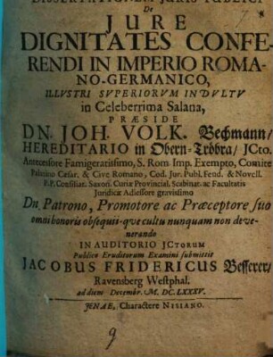 Diss. iuris publ. de iure, dignitates conferendi in imperio Romano-Germanico