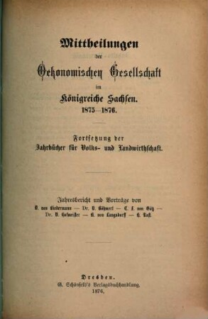 Mitteilungen der Ökonomischen Gesellschaft im Königreiche Sachsen. 1875/76 (1876)