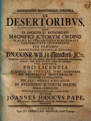 Dissertatio inauguralis iuridica de desertoribus