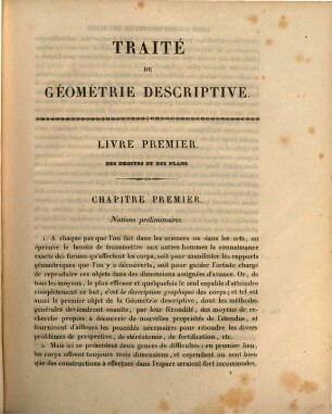 Traité de Geometrie descriptive : avec une collection d'épures, composée de 60 planches. 1, Texte