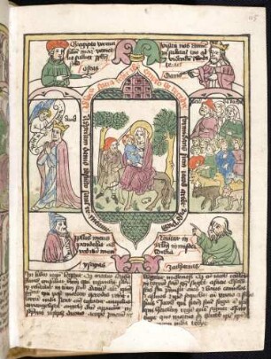 (1) Propheten-Brustbilder; (2) Antitypus: Rückkehr aus Ägypten; Typen: (2) Davids Rückkehr nach Hebron, David betend; (3) Jakobs Rückkehr mit Familie