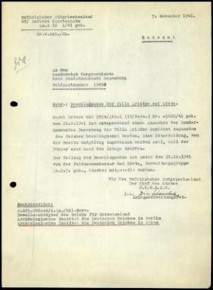Referat Kunstschutz an Sonderstab Vorgeschichte, Skdo. Rosenberg