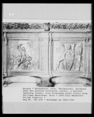Relief links: Opferung Isaaks. Relief rechts: Hirschkuh sucht Schutz beim Heiligen Bessianus