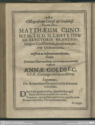 Ad Magnificum Clariß. & Consultiß Virum Dominus