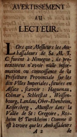Information Sommaire, Et Historique, Touchant Les dix Villes Imperiales en Alsace, & cela au regard de la Préfecture Provinciale d'Hagenau : Le 24. d'Août 1697.