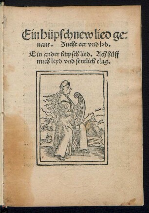 Ein hüpsch new lied ge=||nant. Zucht eer vnd lob.|| Ein ander hüpsch lied. Ach hilff || mich leyd vnd sentlich clag.||