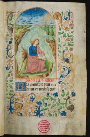 Vollbordürenseite mit Miniatur (Johannes auf Patmos), Goldinitiale I und Blattrankenbordüre