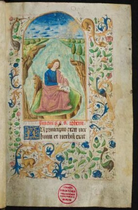Vollbordürenseite mit Miniatur (Johannes auf Patmos), Goldinitiale I und Blattrankenbordüre
