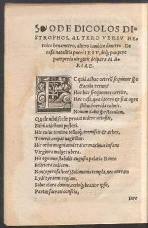 Ode Dicolos Distrophos, Altero Versu Heroico hexametro, altero Iambico dimetro. De casa natalitia pueri Iesu ...