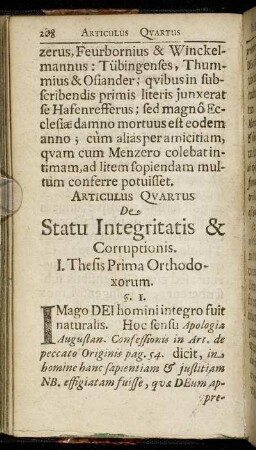 Articulus Quartus De Statu Integritatis & Corruptionis.