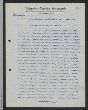 Brief von Helene Lange an Margarete Bernhard