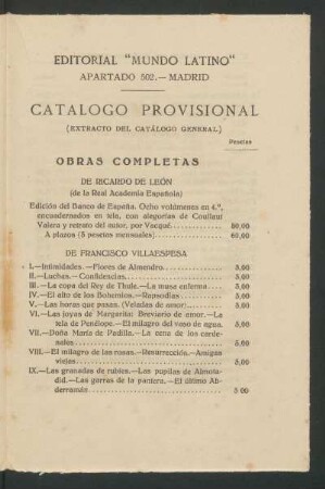 Catálogo provisional [del] Editorial "Mundo Latino" : (Extracto del catálogo general)