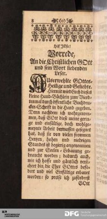 Vorrede, An die Christlichen GOtt und sein Wort liebenden Leser.