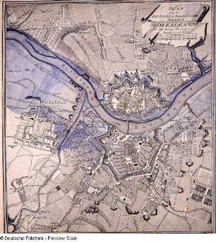 Plan von der Churfürstl. Saechsische Residenz Dresden nebst den übrigen Vorstaedten. Mit Angabe der Flut vom 1. März 1784 (1:8 300)