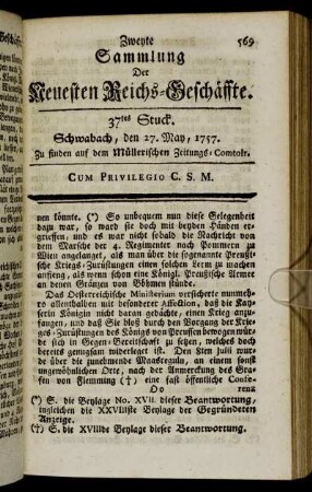 37tes Stuck. Schwabach, den 27. May, 1757.
