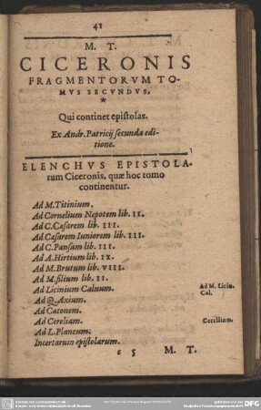M. T. Ciceronis Fragmentorum Tomus Secundus