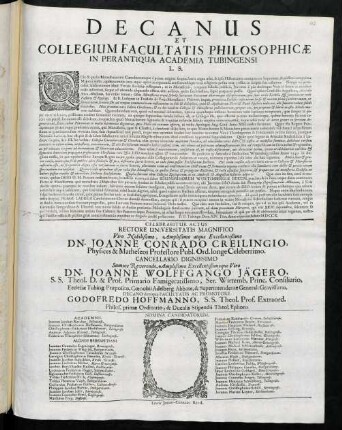 Decanus Et Collegium Facultatis Philosophicae In Perantiqua Academia Tubingensi L. S.