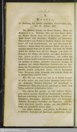 II. Mandat, die Ausübung des römisch-katholischen Gottesdienstes betr. vom 16. Februar 1807