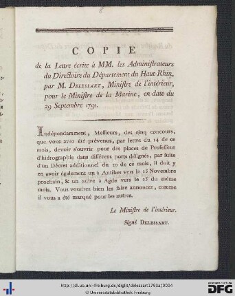 Copie de la Lettre écrite à MM. les Administrateurs du Directoire du Départment du Haut-Rhin, par M. Delessart, Ministre de l'interieur, pour le Ministre de la Marine, en date du 29 Septembre 1791.