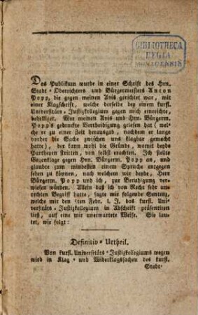 An das Publikum : [Seinen Streit mit dem Bürg. A. Popp zu Landshut betr.]