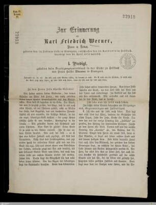Zur Erinnerung an Karl Friedrich Werner, Pfarrer in Fellbach : geboren den 14. Februar 1804 in Stuttgart, entschlafen den 24. April 1872 in Fellbach, beerdigt den 26. April 1872 daselbst