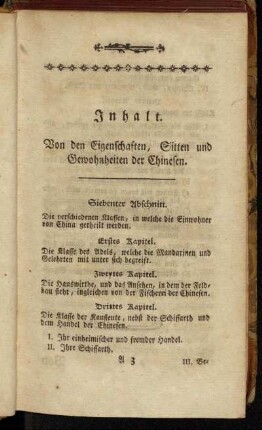 Inhalt. Von den Eigenschaften, Sitten und Gewohnheiten der Chinesen.