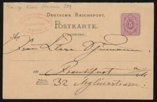 Antwortpostkarte an Heinrich Henkel : o.D.