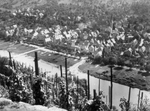 Pünderich. Blick von einem Weinberg auf Pünderich an der Mosel