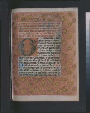 Textseite mit Initiale und Schmuckleiste : Textseite mit Initiale und Schmuckleiste, fol. 83r. Aus: Horarium. Pergament, Wasserfarben, Blattgold; 175 x 130 mm. Niederländisch, um 1500. Dresden: SLUB Mscr.Dresd.M.220