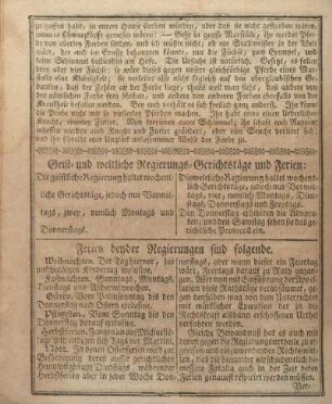 Geist- und weltliche Regierungs- Gerichtstäge und Ferien.
