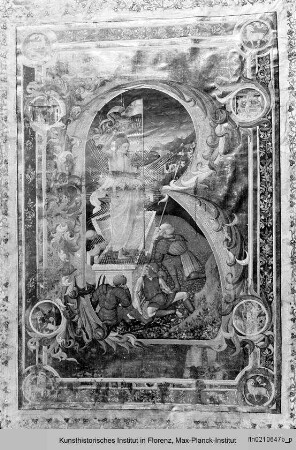 Buchseite mit Randbordüre und historisierte Initiale R: Christi Auferstehung - Graduale