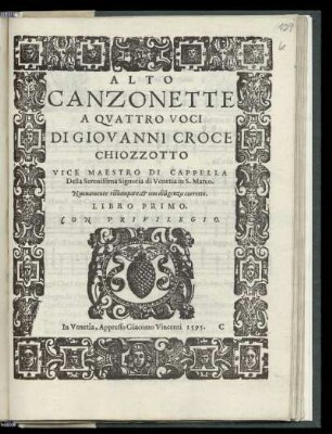 Giovanni Groce: Canzonette a quattro voci ... Libro primo. Alto