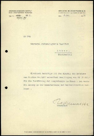 G. Rodenwaldt an DAI Athen