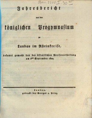 Jahresbericht von dem Königlichen Progymnasium zu Landau im Rheinkreise : bekannt gemacht bey der öffentlichen Preisevertheilung. 1819/20