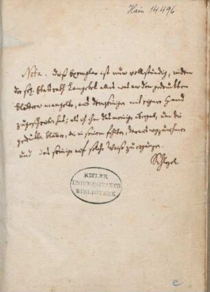Handschriftliche Anmerkung zur Vollständigkeit der Inkunabel