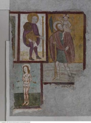 Drei Bildfelder mit den heiligen Rochus, Christophorus und Sebastian