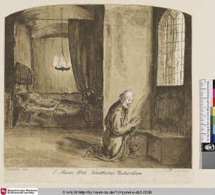 [Ein betender Mann vor einem Totenbett im Hintergrund; Une femme sur un lit funèbre]