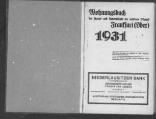 Wohnungsbuch der Haupt- und Handelsstadt der mittleren Ostmark Frankfurt (Oder) 1931