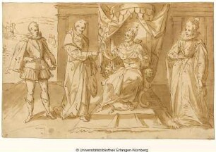 Ein Kardinal reicht einem thronenden König einen Caduceus