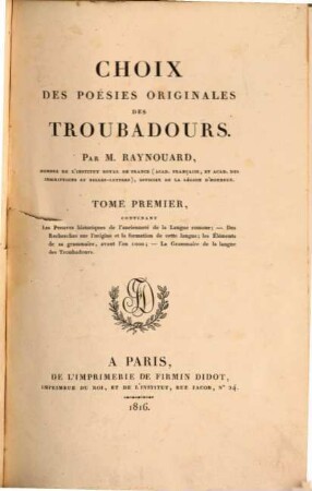 Choix des poésies originales des troubadours, 1