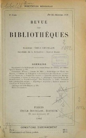 Revue des bibliothèques : publ. mensuelle. 2. 1892