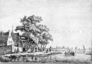 Kirche am Wasser (Boot von einem Reiter gezogen) - Blatt b einer Folge kleiner Landschaften