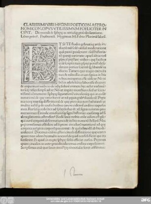 Clarissimi Viri Hyginii Poeticon Astronomicon. Opus Utilissimum Foeliciter Incipit.