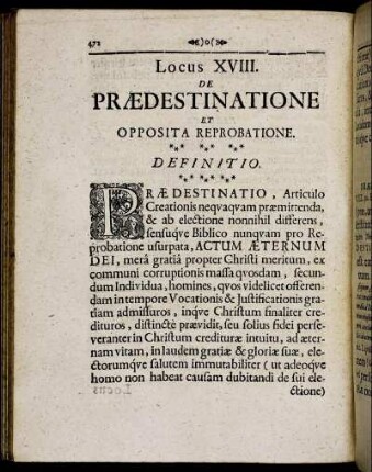 Locus XVIII. De Prædestinatione Et Opposita Reprobatione.