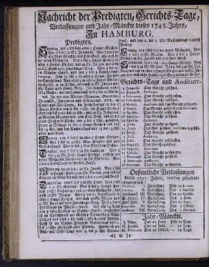 Nachricht der Predigten, Gerichts-Tage, Verlassungen und Jahr-Märckte dieses 1745. Jahrs, In Hamburg.