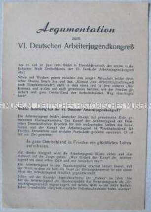 Sonderdruck der SED-Kreisleitung Stadtroda zur Anleitung von Propagandisten zum VI. Deutschen Arbeiterjugendkongress in Eisenhüttenstadt