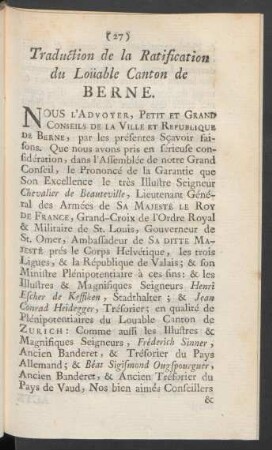 Traduction de la Ratification du Louable Canton de Berne