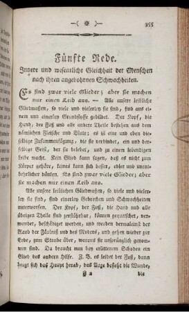 Fünfte Rede. Innere und wesentliche Gleichheit der Menschen nach ihren angebohrnen Schwachheiten. - Sechste Rede. Gleichheit der Menschen nach ihrer Bestimmung.