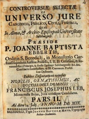 Controversiae Selectae Ex Universo Jvre Canonico, Publico, Civili, Feudali, 2