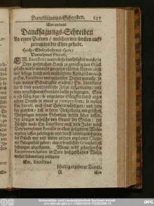 Ein andere Dancksagungs-Schreiben An einen Patron, welchen wir sonsten aufzuwarten die Ehre gehabt.